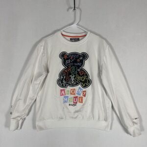 BKYS Embroidered Teddy Bear Anonymous Sweatshirt Mens Medium L/S White STAINED